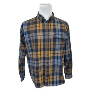 Smith’s Workwear Men's Flannel Shirt Blue Orange Plaid Button Up Long Sleeve XL